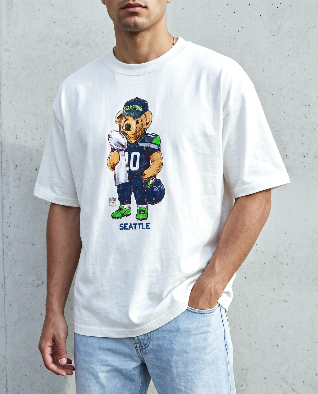 Seattle Bear playera blanca con modelo - Nostalgia Lab