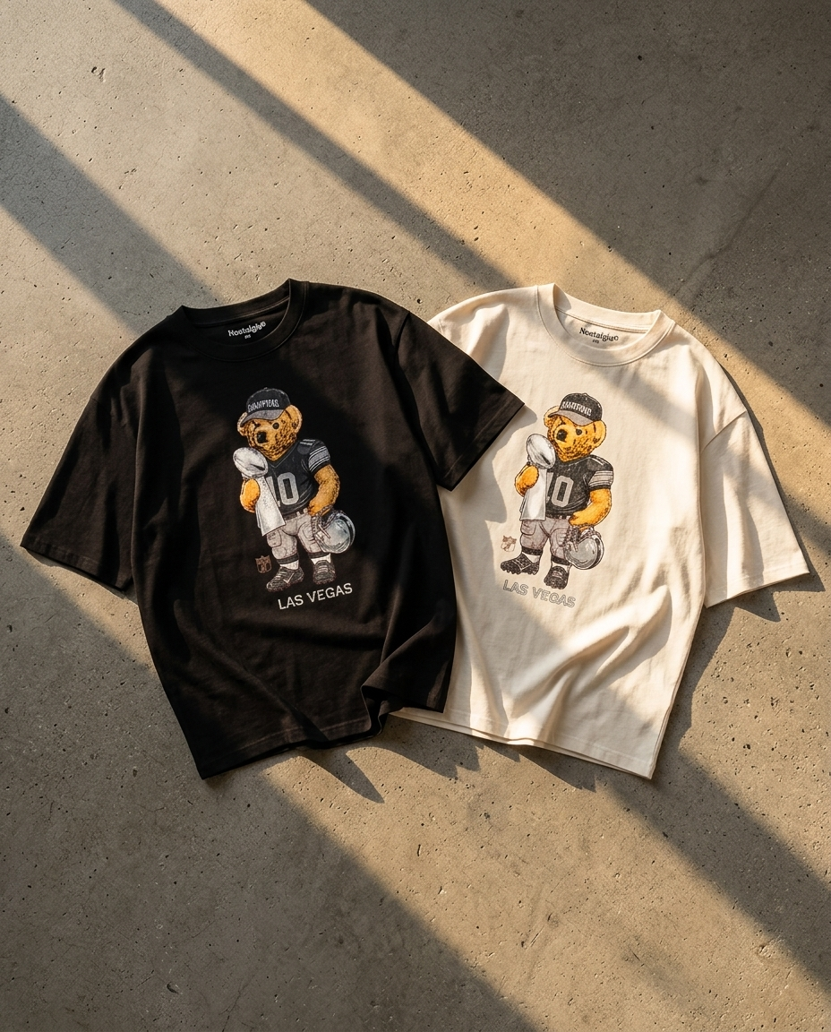 Sin City Bear playeras negra y blanca flat lay - Nostalgia Lab