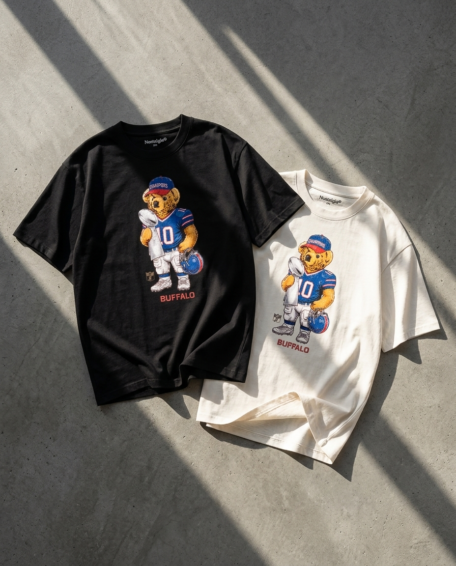 Nickel City Bear playeras negra y blanca flat lay - Nostalgia Lab