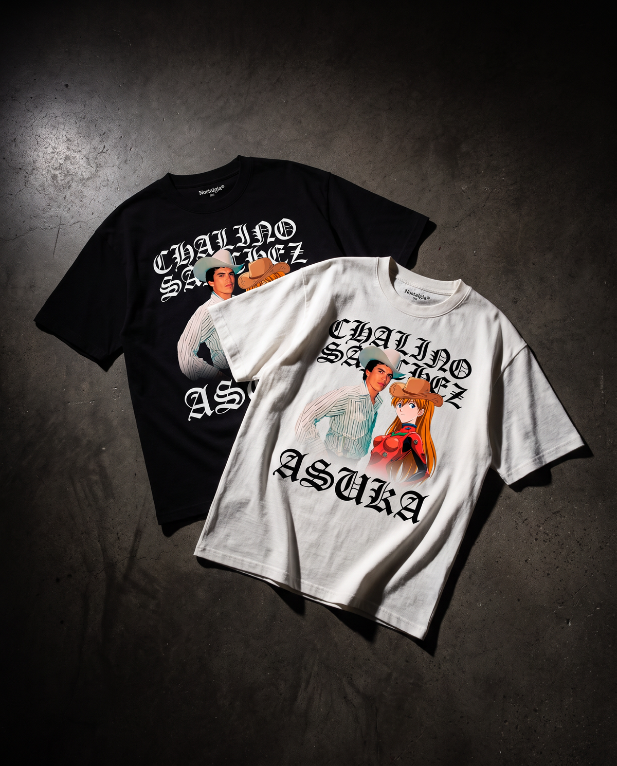 Chalino x Asuka playeras negra y blanca flat lay - Nostalgia Lab