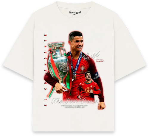 Camiseta blanca de algodón 100% de Nostalgia Lab con estampado de Cristiano Ronaldo celebrando la Eurocopa 2016.